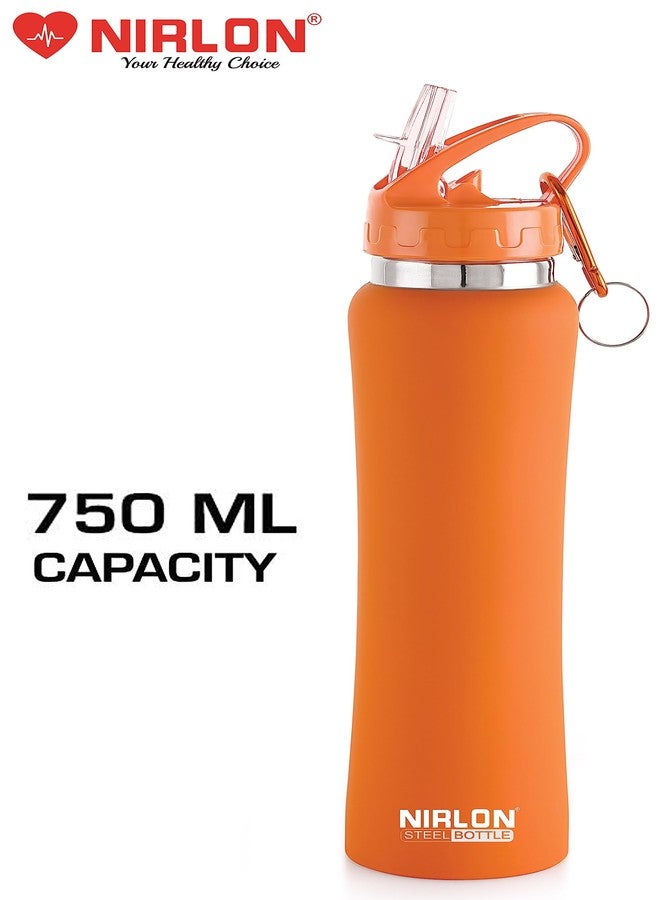 NIRLON Flip Bot Stainless Steel Sipper Rubber Finish Water Bottle with Straw Lid Pack of 2 |Leak Proof|Office|Gym Bottle|Home|Kitchen|Hiking|Treking Bottle|Travel Bottle [Blue & Orange|750ml] - Image 3